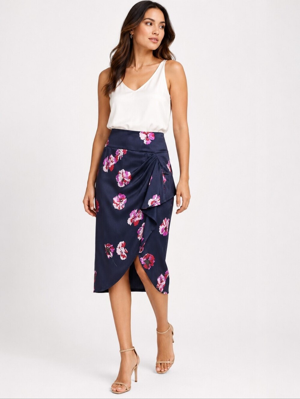 Joie Alphina Floral Draped Pencil Skirt NWT Silk Look Navy Pink Size 2